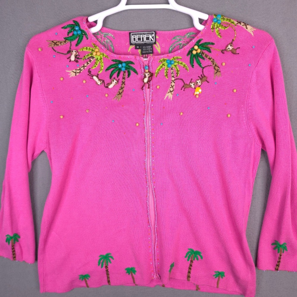 Berek Cardigan Sweater Monkey Palm Tree Pink XL Cotton Rayon Zip Up Vintage